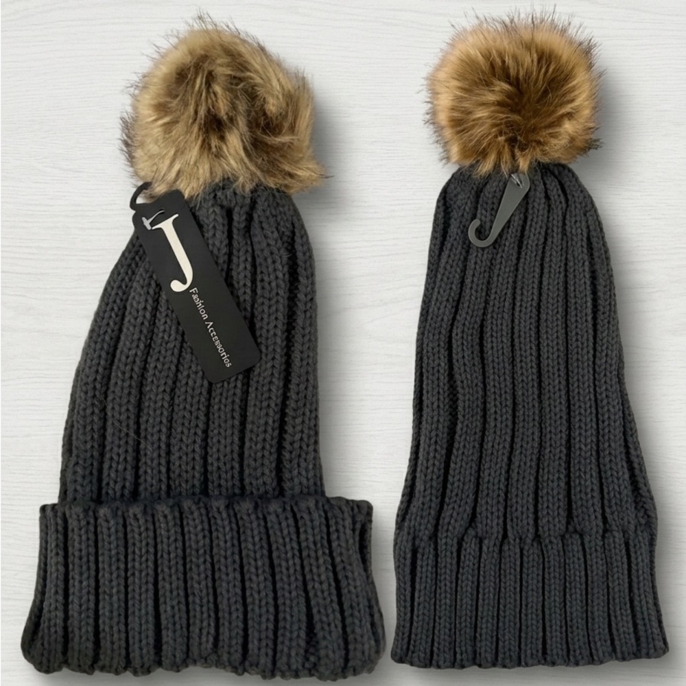 Black Knit Beanie with Faux Fur Pom